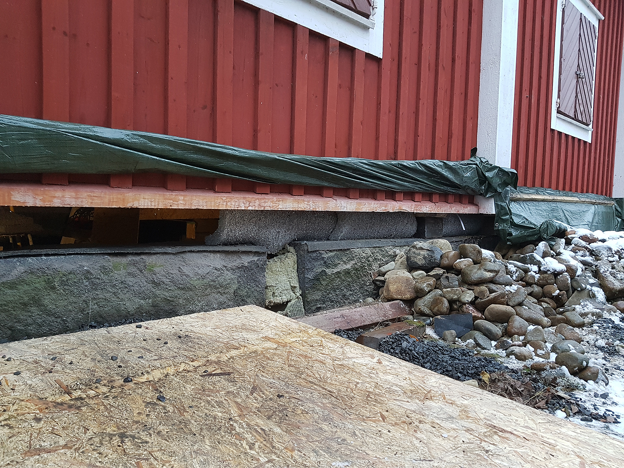Rakennuksen seinän ja kivijalan välissä on korkea rako. Rako on suojattu selluvillaeristesuikaleilla ja pressulla, jossa on rimakiinnitys. Etualalla oleva pressu on nostettu rakennuksen seinälle kuvausta varten.