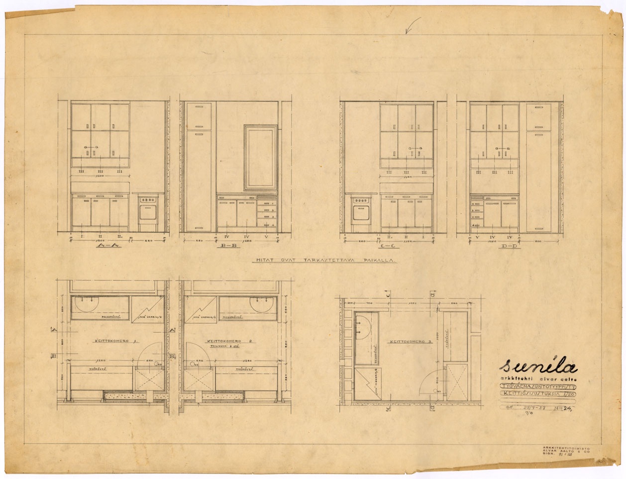 Aallon toimistossa laadittu piirustus tyyppikeittiöistä. Kalusteiden sijoittelu ja mitoitusperiaatteet esitettynä pohja- ja pystyprojektioissa.