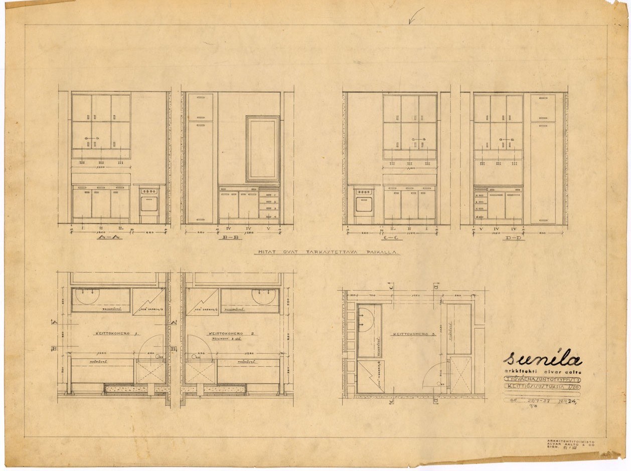 Aallon toimistossa laadittu piirustus tyyppikeittiöistä. Kalusteiden sijoittelu ja mitoitusperiaatteet esitettynä pohja- ja pystyprojektioissa.