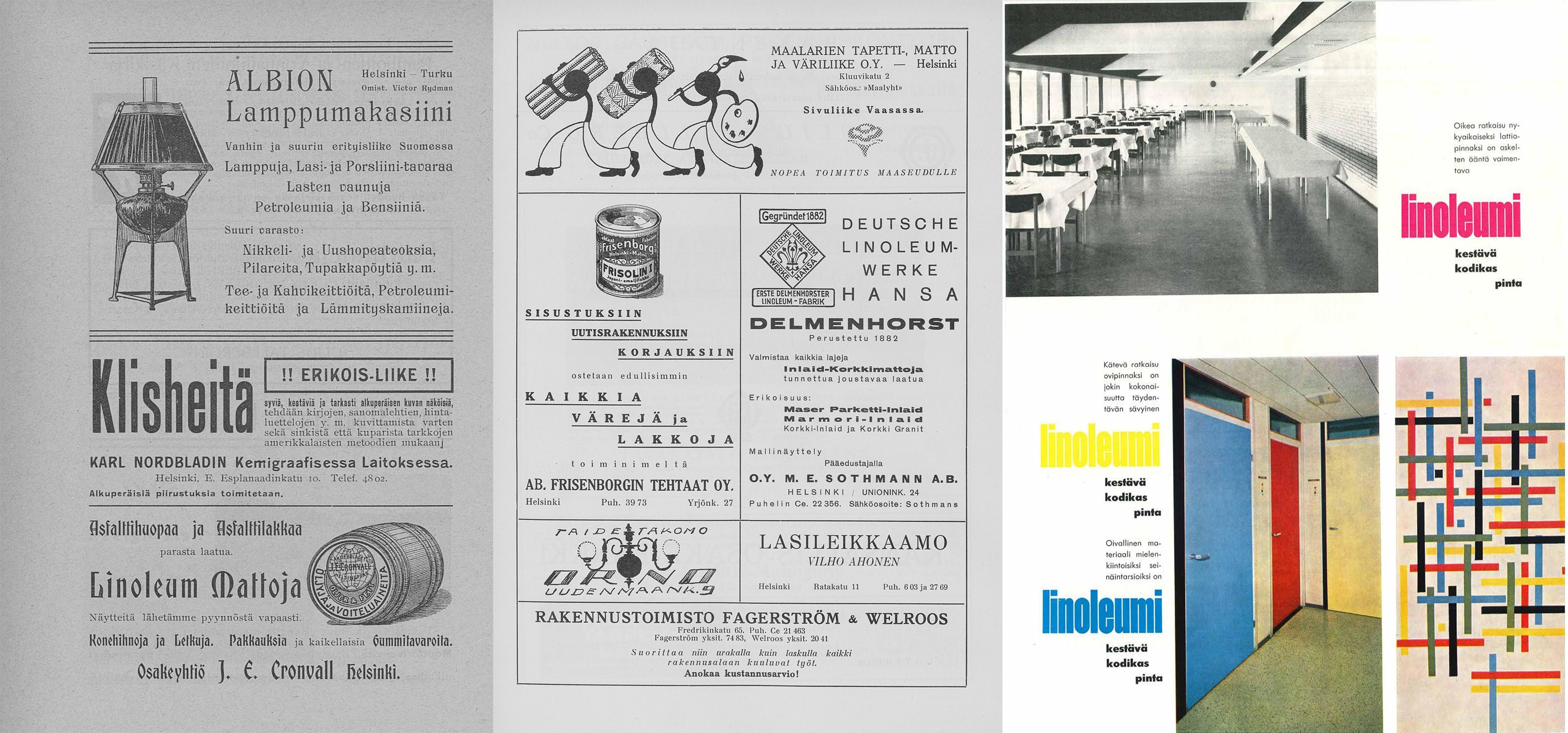 Linoleumimatto-mainoksia eri aikojen lehtien sivuilla muiden ilmoitusten seassa. "Linoleum mattoja", "Maalarien tapetti-, matto- ja väriliike O.Y.", "linoleumi kestävä kodikas pinta"